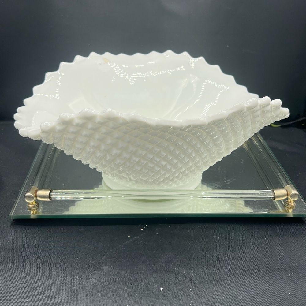 Vintage Westmoreland Milk Glass Oval Crimped Hobnail Bowl